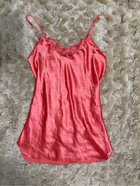 Vintage Inner Most Women's Coral Satin Dress with Lace Trim